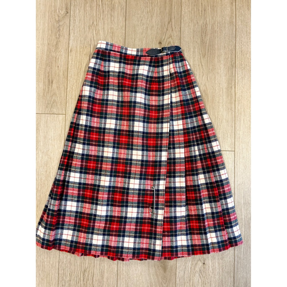 Vintage Young Pendleton Wool Wrap Kilt Skirt Red Navy Plaid Pleated Midi USA 8 - Picture 1 of 7